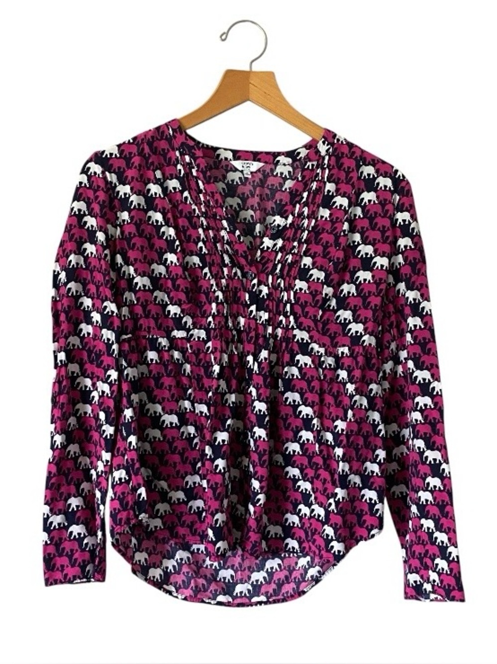 CROWN & IVY Elephant Top Sz S Pink Button Down Zoo Novelty Print Artsy FLAW